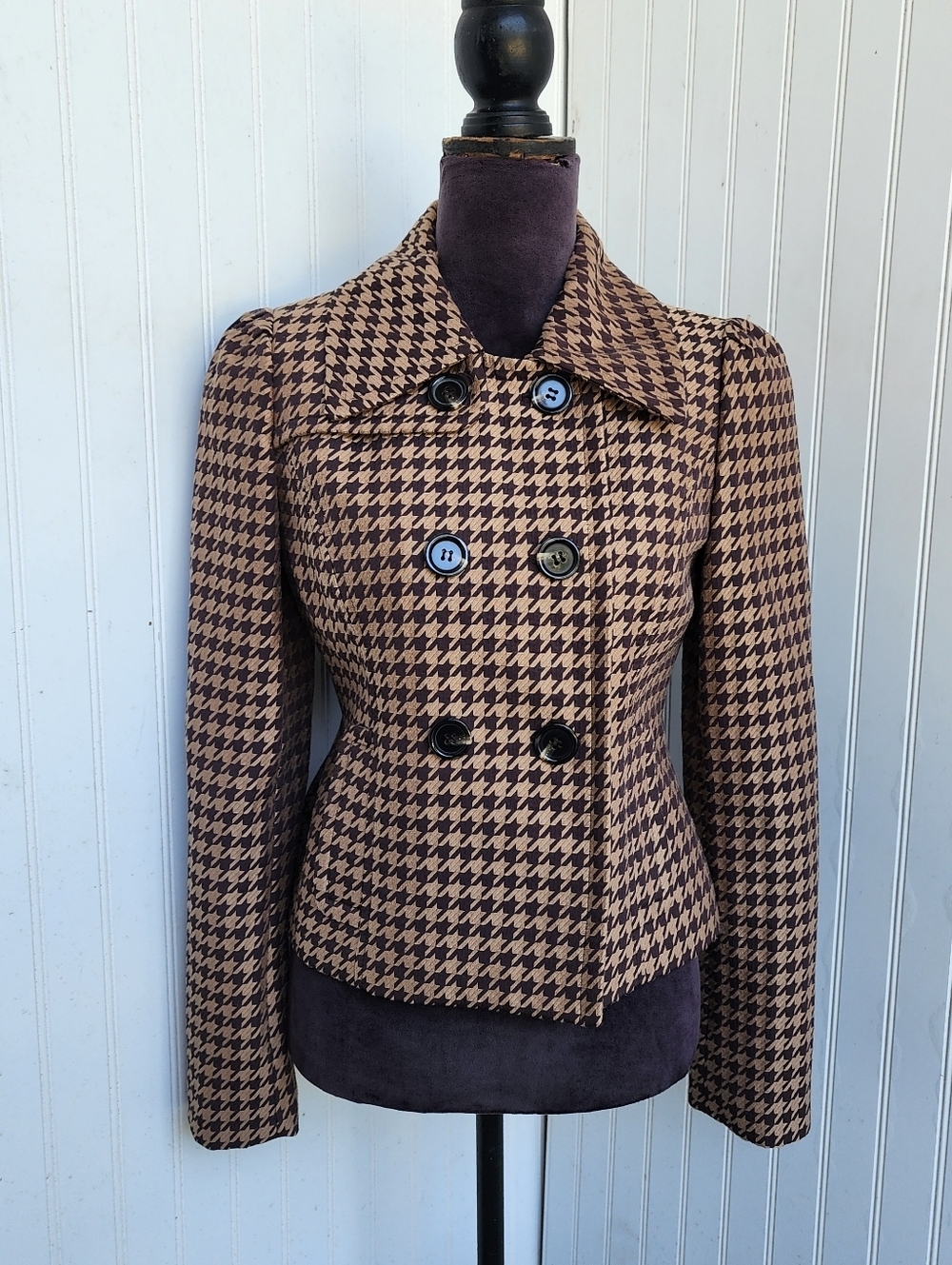 NINE WEST Double Breasted Jacket Brown Tan Satin Houndstooth Career Sz 2